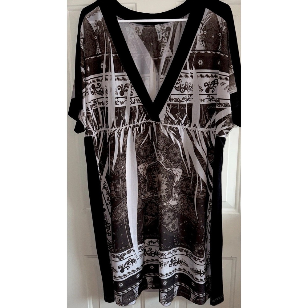 Mi Manchi XL 1X Brown Cream Paisley Tunic Top V Neck Dolman Short Sleeve‎ USA